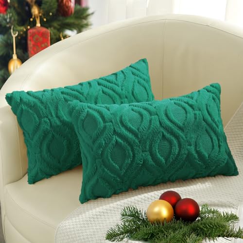 Faux Fur Plush Soft Green Throw Pillow Covers 12x20 Set of 2 (20" x 12" (Pack of 2) / Green)