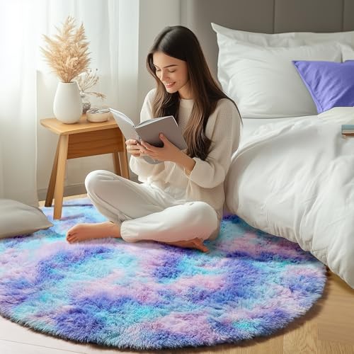 Rainbow Fluffy Round Rug Circle Area Rugs 4ft for Girls Kids Teen Bedroom (Rainbow / 4' (Round))