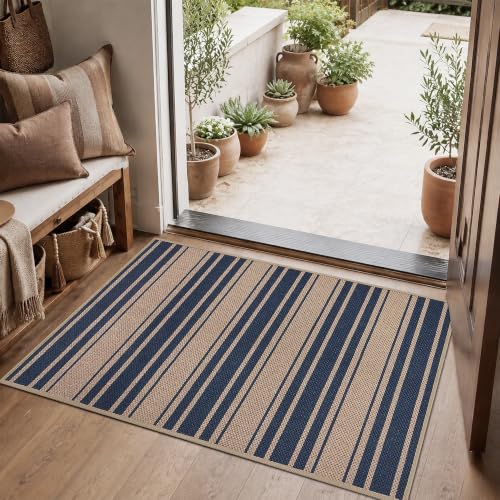 Easy Jute Kitchen Rug 2x3 Front Door Mat Washable Non Slip Entryway Rug Farmhouse Neutral Low Pil Carpet for Entryway Proch Doorway (2'*3'(Rectangular) / Blue/Striped)