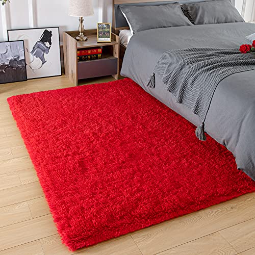 Premium Soft Fluffy Area Rug Modern Shag Carpet (3' x 5' (Rectangular) / Red)