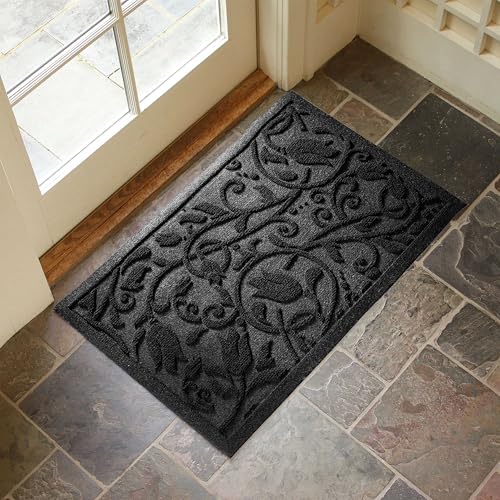 Boho Black Floral Leaves Outdoor Indoor Entrance Doormats (Tulip-black / 1'11" x 2'11" (Rectangular))
