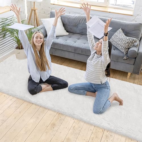 Runner Rug for Bedroom White 2x10ft Fluffy Area Rug Bedside Runner Rug for Kids Room Boys Teens Nursery Baby Living Room Dorm Home Decor Carpets Kid Sbedroom Rug (White / 2' x 10' (Runner))