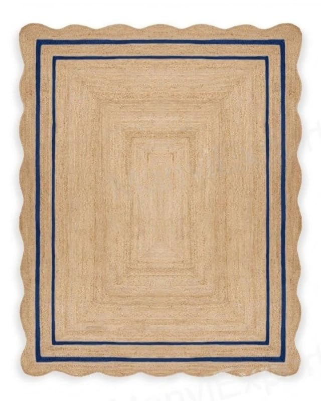 Chouhan Natural Jute Scalloped Bohemian Decor Handwoven Custom Decorative Rug (Blue / 8' x 12' (Rectangular))