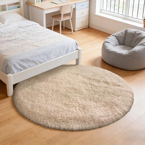 Fluffy Round Area Rugs for Bedroom (Beige / 3' (Round))