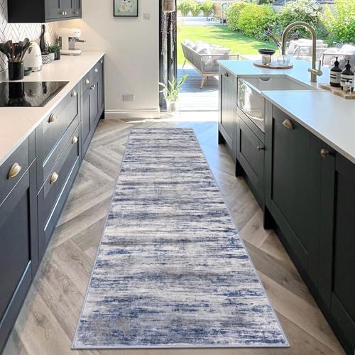 Modern Abstract Washable Rug Runner 2.6x10 Hallway Rug Runner Non (Blue-grey / 2'8" x 10' (Runner))