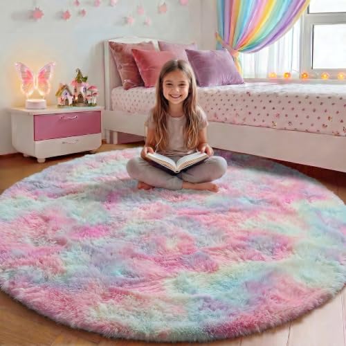 Rainbow Fluffy Round Rug Circle Area Rugs 4ft for Kids Girls Teen Bedroom (Colorful Rainbow / 4' (Round))