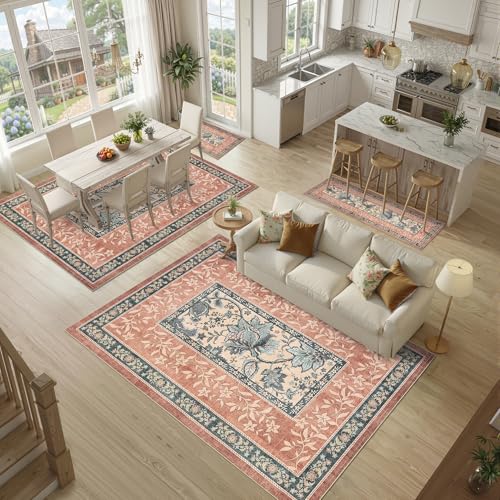 Terracotta Teal 2x3 Door Mat Indoor Rugs for Entryway Provence Small Botanical Grove Cottage core Washable Non (Terracotta / Teal / 2' x 3' (Rectangular))