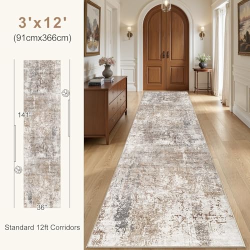 3x12 Washable Runner Rug for Hallway (Brown/Grey/Red / 3' x 12' (Runner))