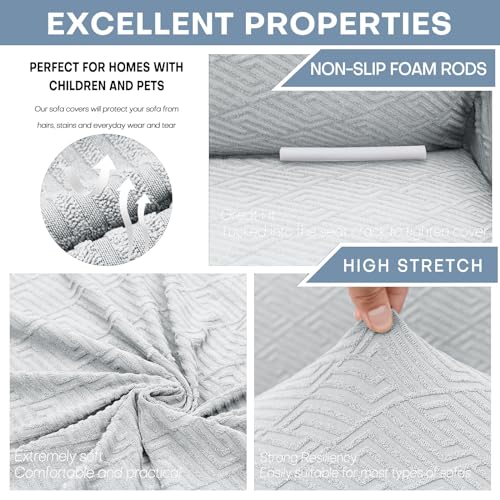 1 Piece Jacquard Couch Covers for 3 Cushion Couch Living Room High Stretch Sofa Cover Pets Dogs Friendly Anti Slip Thickened Slipcovers Furniture Protector (Large (71"-90") / New Pattern Silver Grey)