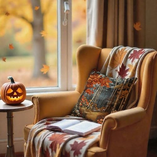 Rustic William Morris Inspired Autumn Forest Decor Throw Pillow Covers 18x18 (Forest-orange -11 / 18" x 18" (Pack of 1))