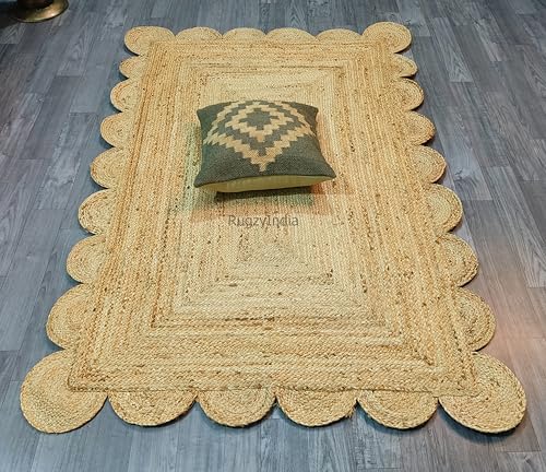 Natural Tan and Trim Jute Area Rug 3x5 ft Handwoven Rug with Natural Border Scalloped Durable Beign Scallop Pattern Area Rug for Living Room (3'x5' / Natural)