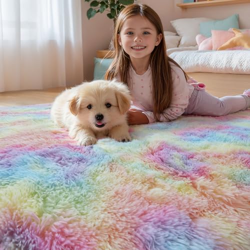 5x8 Rainbow Unicorn Fluffy Shag Rug for Girls Bedroom (Rainbow / 5' x 8' (Rectangular))