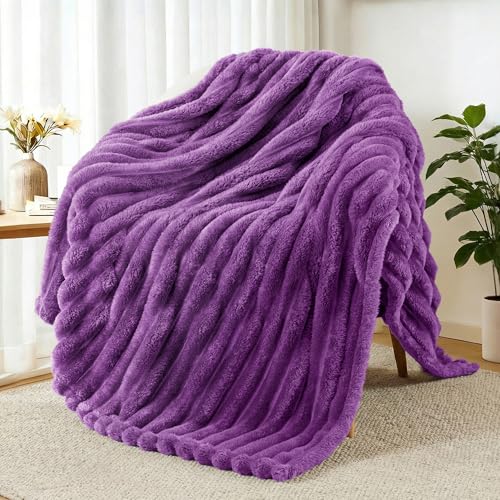 Striped Fleece Throw Blanket for Couch (Purple / Throw ( 50x60 IN ))
