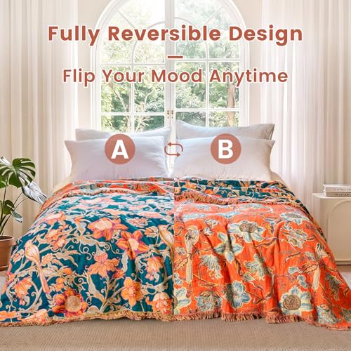 Boho Throw Blanket 50"x60" Cotton Bird Floral Blanket for Couch (Floral and Birds / 50"x60")