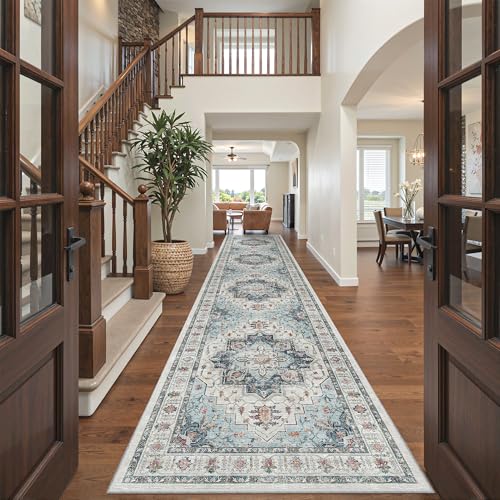 Hallway Runner Rug 3x14 Washable Kitchen Runners Long (Blue / 3' x 14' (Runner))