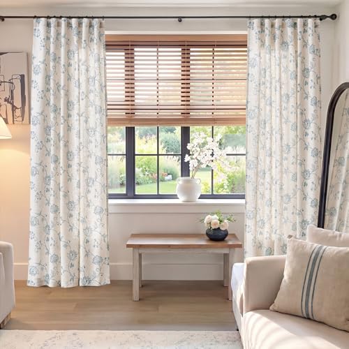 Blue Floral Linen Curtains 63 Inch Vintage Back Tab 2 Panels (Floral Blue / 50"W x 63"L (Pack of 2))