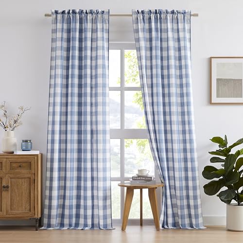 Dusty Blue White Buffalo Plaid Semi Sheer Curtain Panels 84 Inch (Blue/White / 52"W x 84"L (Pack of 2))