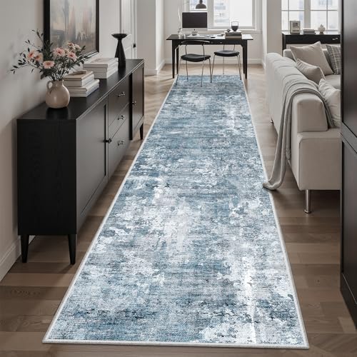 Hallway Runner Rug 2'6" x 12' Kitchen Rugs Abstract Blue (Blue/Grey / 2'6" x 12' (Runner))