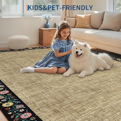Washable Living Room Rug 9x12 Floral Bordered Area Rugs Soft Thin Indoor Carpet for Bedroom Modern Throw Aesthetic Mat Non Slip Stain Resistant Carpet for Dining Room Office (Flax/Black / 9' x 12' (Rectangular))