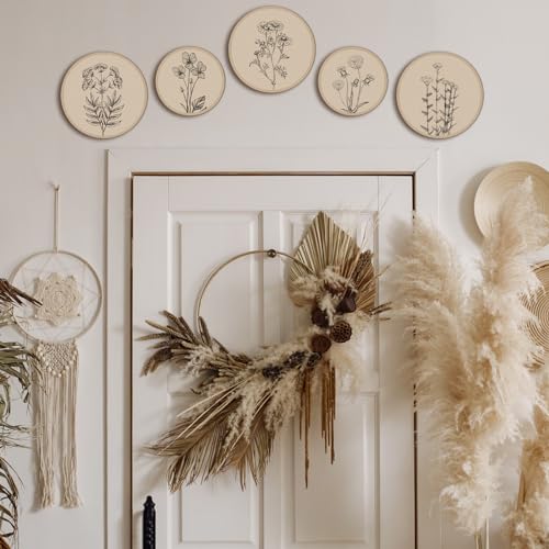 5 Pcs Boho Wall Decor Wood Circle Wall Art Set (Floral)