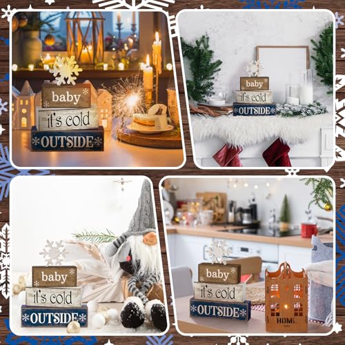 4 Pcs Wooden Block Signs Baby Its Cold Outside Farmhouse Decor (Snowflake)