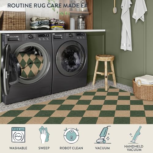 Checkered Easy Jute 5x7 Outdoor Rug (5' x 7' (Rectangular) / Deep Green/Nature-2)