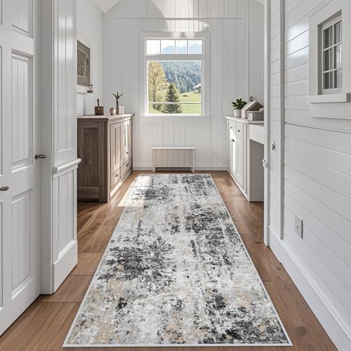 Runner Rugs for Hallways Kitchen 2.6x8 Non Slip Washable Black Grey Gold (Black Grey/Gold / 2'6" x 8' (Rectangular))