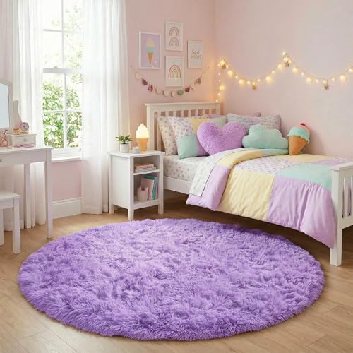 Purple Fluffy Round Kids Area Rug 5Ft for Girls Bedroom Nursery (Purple / 5' (Round))