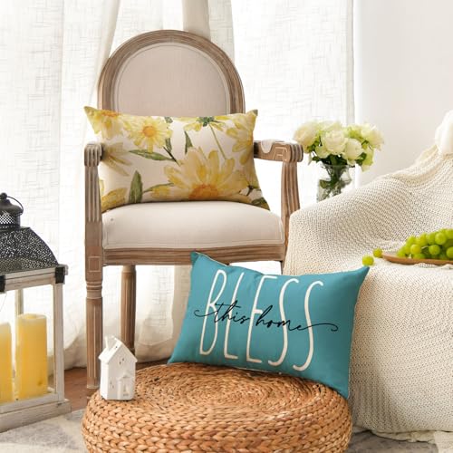 Home Sweet Home Spring Summer Flowers Yellow Throw Pillow Covers (Blue / 20" x 12" (Pack of 4))