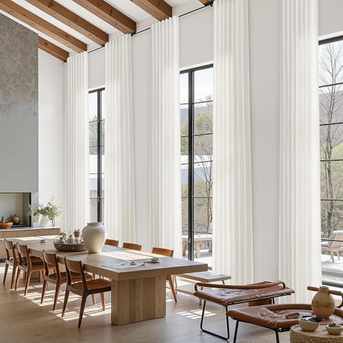 Extra Long Beige White Linen Curtains 144 Inch for Living Room 2 Panels Set Rod Pocket Back Tab Light Filtering Semi Sheer Curtain Privacy Floor to Ceiling High Ceiling Drapes for Farmhouse 52x144 (52"W x 144"L (Pack of 2) / Beige White)