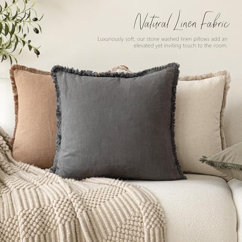 Decorative Linen Fringe Throw Pillow Covers 24×24 Inch (24" x 24" (Pack of 2) / Grey)