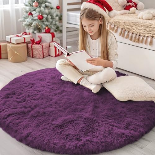 Dark Purple Round Rugs for Bedroom (4 Ft Round / Dark Purple)