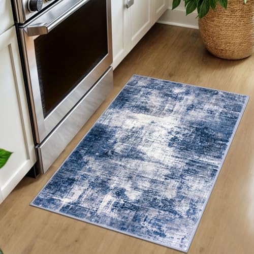Small Abstract Area Rug 2x3 Ft Entryway Rugs Washable Door Mat Indoor Entrance (Navy/Grey/White / 2' x 3' (Rectangular))