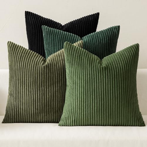 Soft Corduroy Decorative Throw Pillow Covers Neutral Green 18x18 (18" x 18" (Pack of 4) / Green-black)