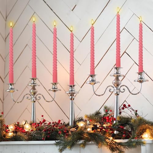 10 Inch Pink Spiral Taper Candle Set of 12 Pack Unscented Dripless Candlesticks for Valentine's Day (12 Pink)