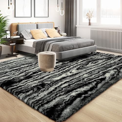 Fluffy Large Rugs for Living Room Shag Area Rug 6x9 for Bedroom (Black White / 6' X 9' (Rectangular))