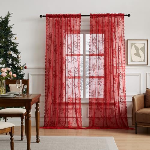 Red Lace Curtains 45 Inch Length 2 Panels Set Romantic Country Flower Curtains for Kitchen Cafe Rod Pocket Light Filtering Semi Sheer Small Window Curtains for Valentine's Christmas Day Decor (52"W x 45"L (Pack of 2) / Red)