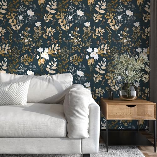 Vintage Dark Navy Gold Floral Peel and Stick Wallpaper 17.5"x118" (Blue&White / 118" x 17.5")
