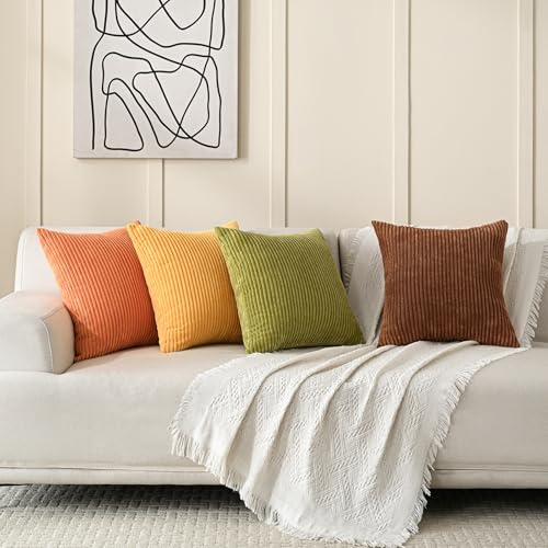 Set of 4 Fall Orange Corduroy Throw Pillow Covers 20x20 Inch (Yellow Orange / 20" x 20" (Pack of 4))