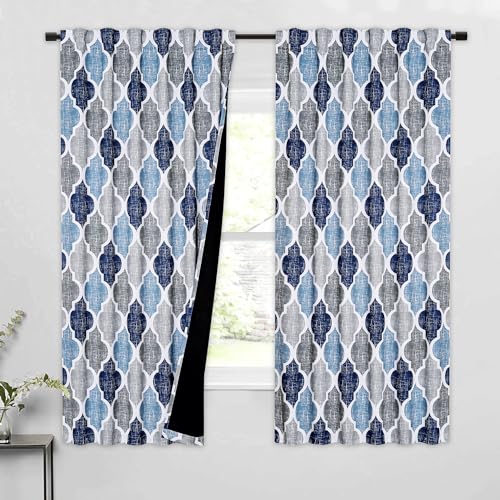 Moroccan 100% Blackout Curtains Bedroom Blue Grey 50x63 2 Panels (Rod Pocket | Blue and Grey / 50"W x 63"L (Pack of 2))