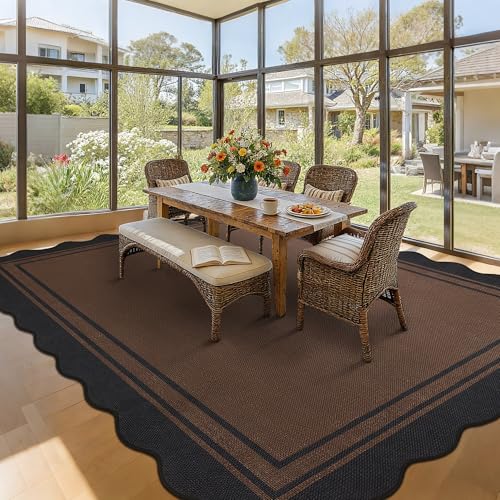 8x10 Scalloped Rug Easy Jute Washable Outdoor Rug for Living Room (8'*10'(Rectangular) / Black Brown)