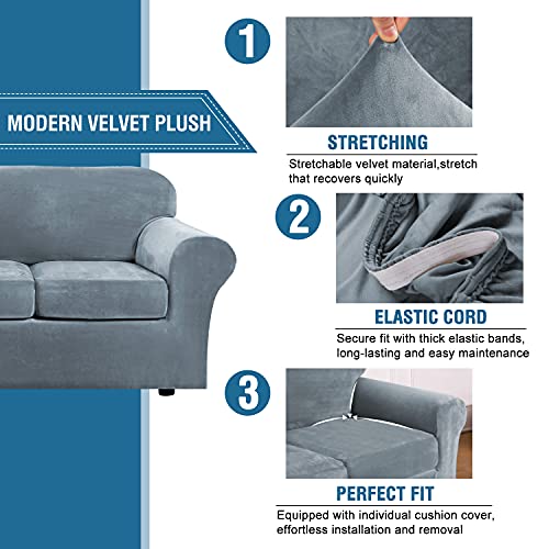 Real Velvet Plush 3 Piece Stretch Sofa Covers Couch Covers for 2 Cushion Couch Loveseat Covers Width Up to 72 Inch Feature Thick Soft Stay in Place (2 Cushion Loveseat / Stone Blue)