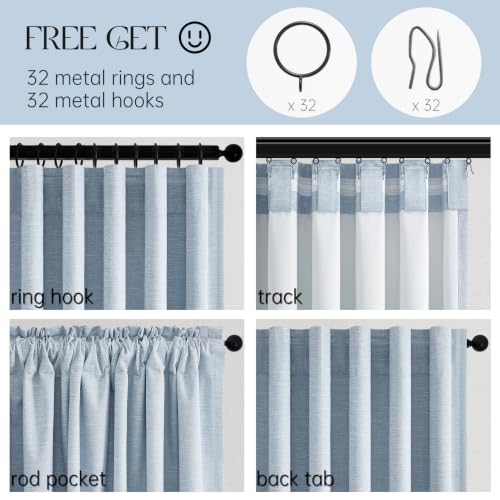 Light Blue Linen Curtains 84 Inches Long for Living Room Bedroom 100% Full Blackout Sky Baby Blue Window Curtains Energy Efficient Modern Drapes Back Tab with Hooks Rings 2 Panels Set (Chambray Blue / 52"W x 84"L (Pack of 2))