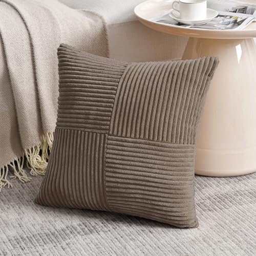 Set of 2 Light Brown Patchwork Corduroy Decorative Soft Striped Modern Accent Cushion Case Farmhouse Boho Neutral Throw Pillow Covers for Chair Couch Bed Sofa Living Room 12x12 Inch (Light Brown / 12" x 12" (Pack of 2))