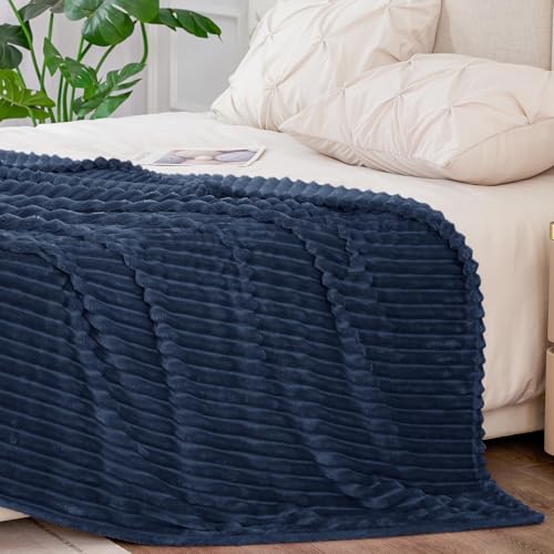 3D Ribbed Jacquard Navy Blankets Queen Size for Bed (Navy / Queen(90"x90"))