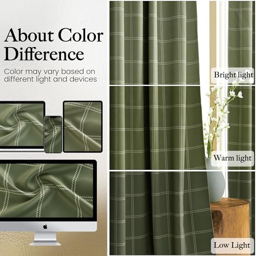 Olive Green Buffalo Check Plaid 100% Blackout 84 Inch Long Curtain (52"W x 84"L (Pack of 2) / Grid Pattern | Olive Green & White)