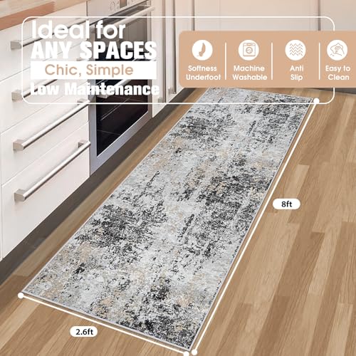 Runner Rugs for Hallways Kitchen 2.6x8 Non Slip Washable Black Grey Gold (Black Grey/Gold / 2'6" x 8' (Rectangular))