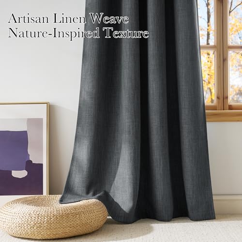 Charcoal Gray Faux Linen Room Darkening Rod Pocket Curtains 63 inch Length (Linen Charcoal Gray / 42"W x 63"L (Pack of 2))