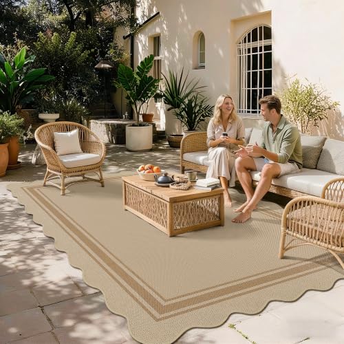 6x9 Scalloped Rug Easy Jute Washable Outdoor Patio Rug for Living Room (6'*9'(Rectangular) / Tan)