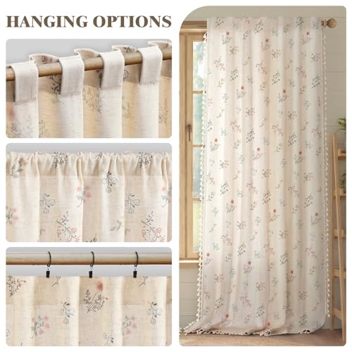 Boho Floral Light Filtering Curtains 72 Inch 2 Panels Linen Texture (Light Filtering Vintage Florals / 52"W x 72"L (Pack of 2))